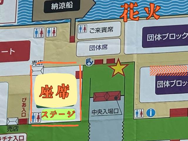 ステージシートの座席と花火の打ち上げ位置