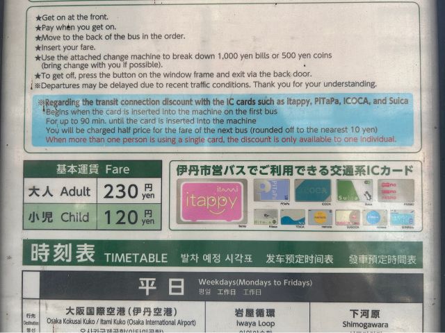 伊丹市バスの運賃と使用できる交通系ICカードの案内写真